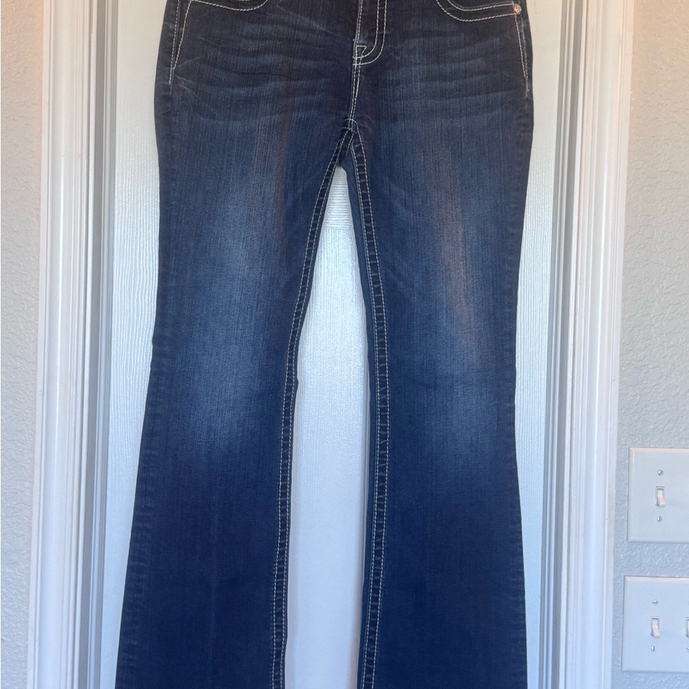 Miss Me Dark Wash Flare Jeans with Contrast Stitching
